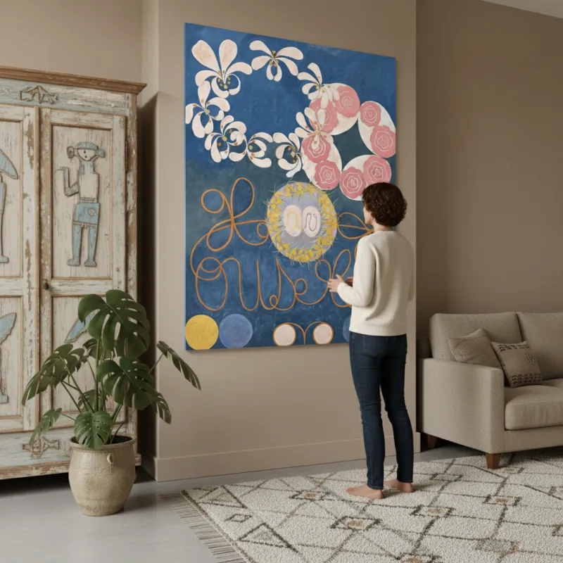 Large blue floral abstract painting in a living room