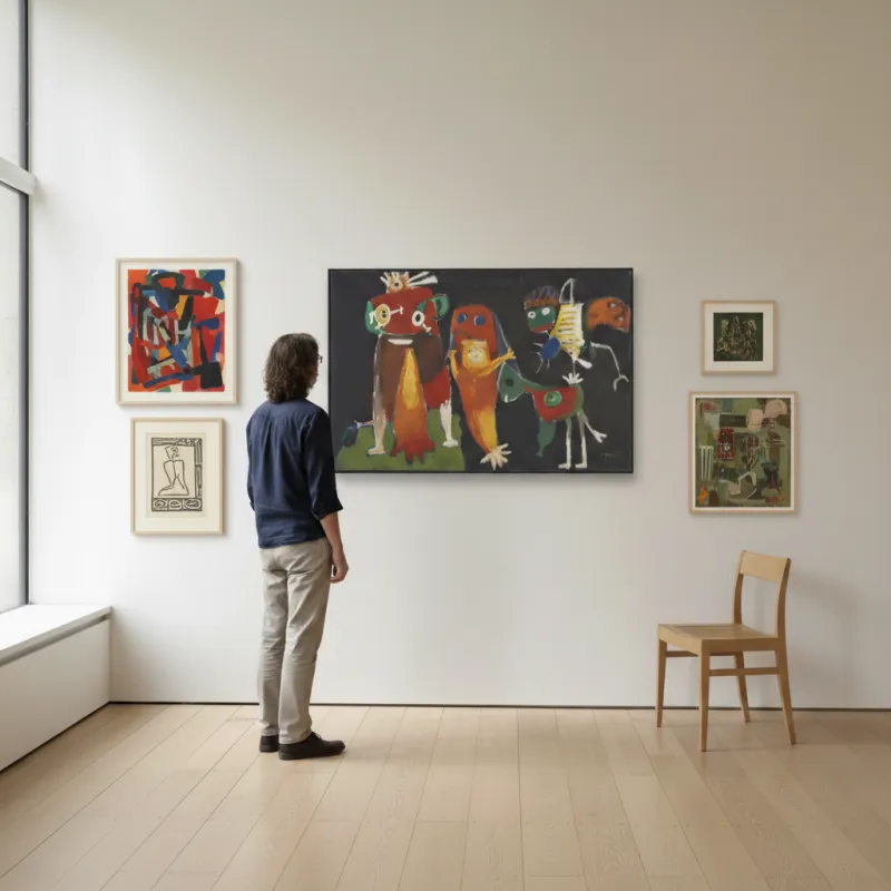 Salon-style hang of expressionist paintings in a bright gallery